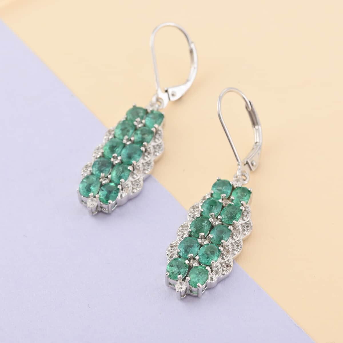 AAA Kagem Emerald and White Zircon Dangle Earrings in Rhodium Over Sterling Silver 3.85 ctw image number 1