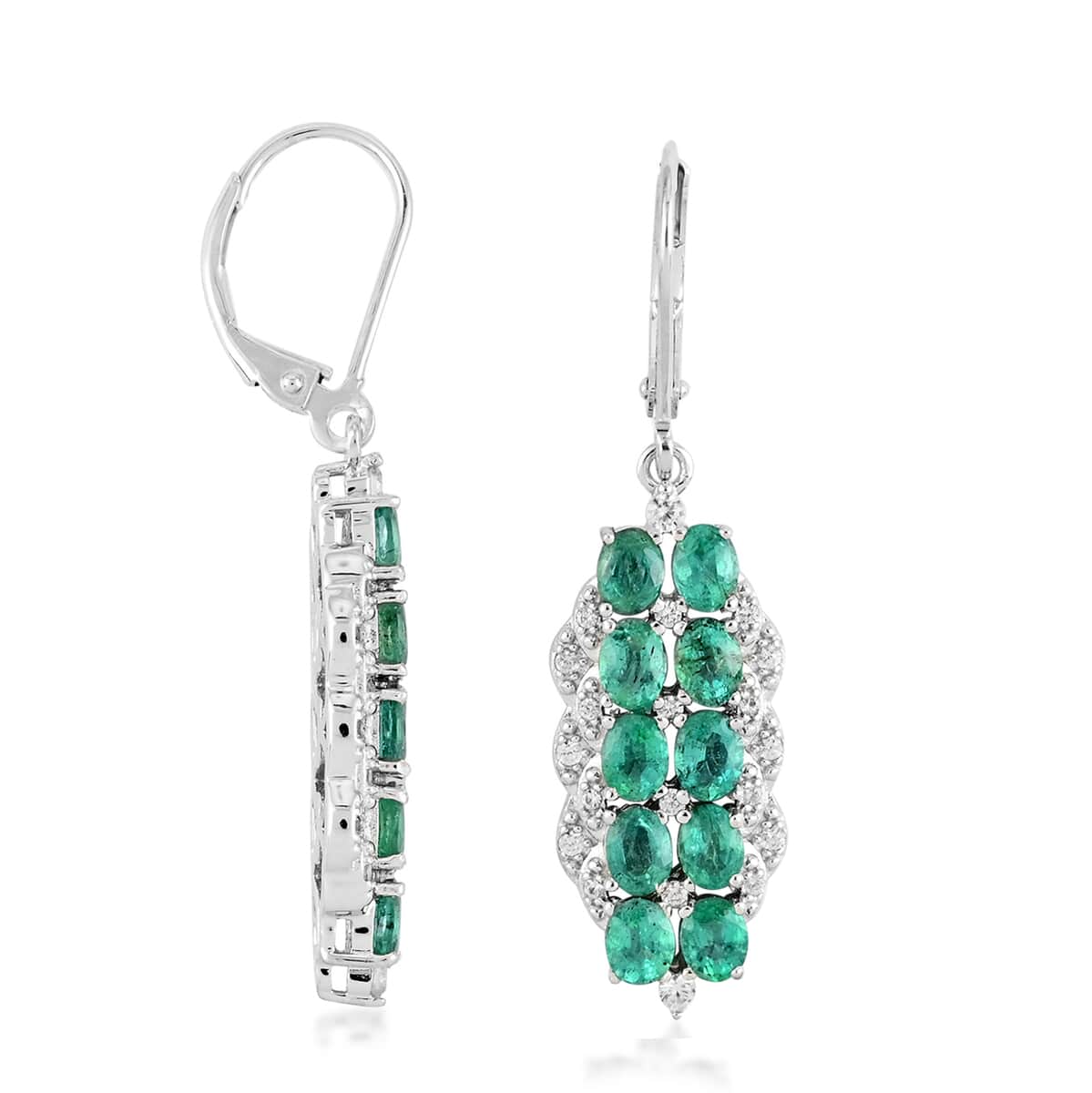 AAA Kagem Emerald and White Zircon Dangle Earrings in Rhodium Over Sterling Silver 3.85 ctw image number 3