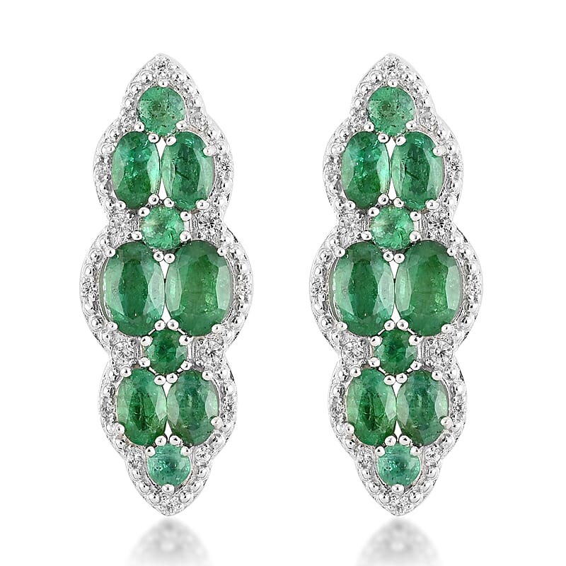 AAA Kagem Emerald and White Zircon Drop Earrings in Rhodium Over Sterling Silver 4.90 ctw