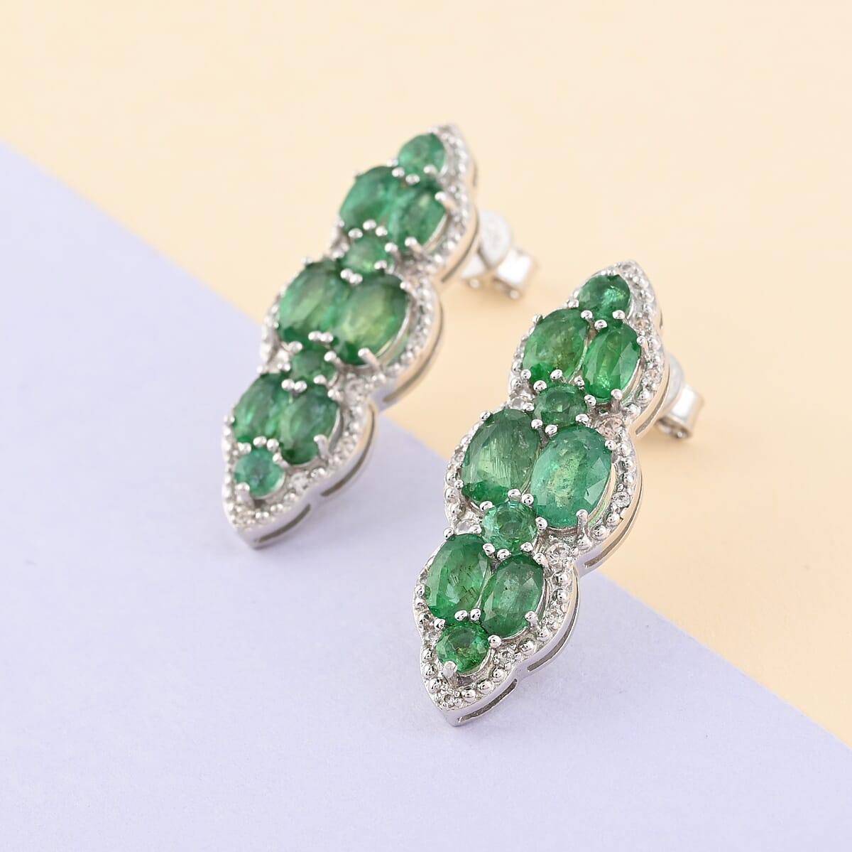 AAA Kagem Emerald and White Zircon Drop Earrings in Rhodium Over Sterling Silver 4.90 ctw image number 1
