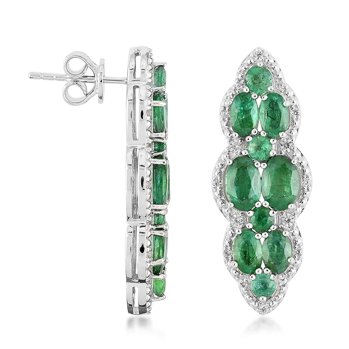 AAA Kagem Emerald and White Zircon Drop Earrings in Rhodium Over Sterling Silver 4.90 ctw image number 3