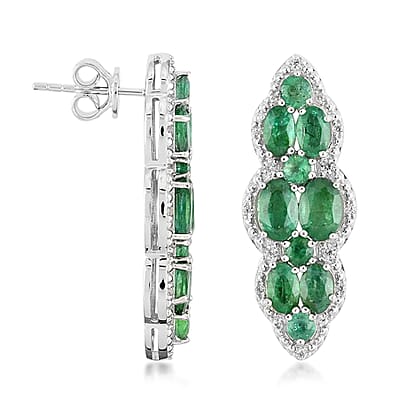 AAA Kagem Emerald and White Zircon Drop Earrings in Rhodium Over Sterling Silver 4.90 ctw