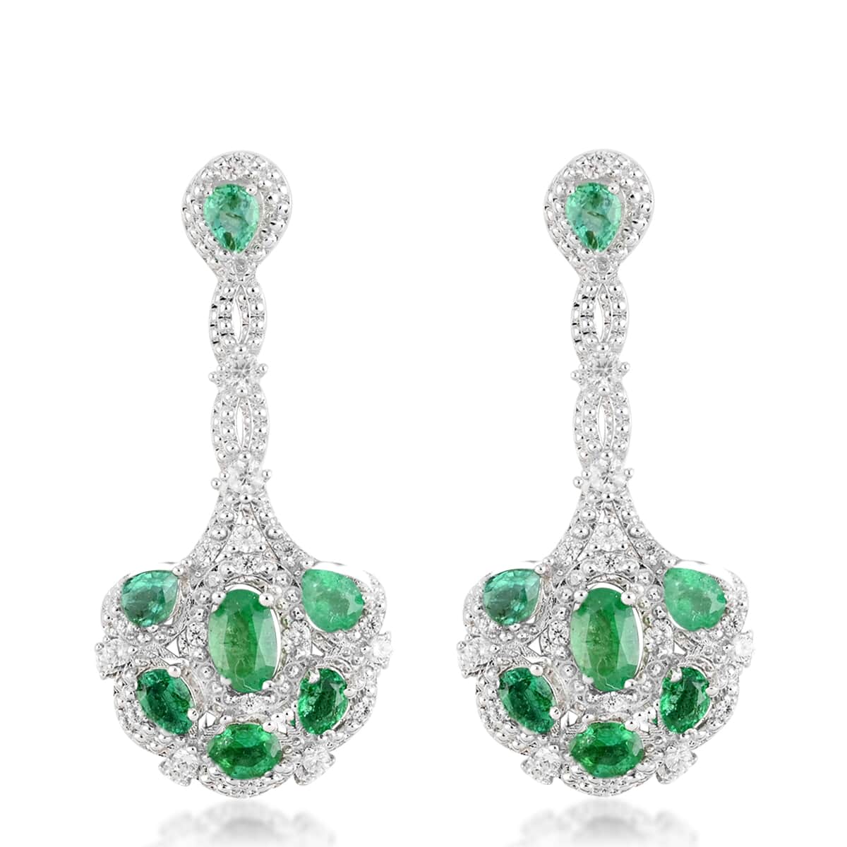 AAA Kagem Zambian Intense Green Emerald, purchases Natural White Zircon Dangle Earrings