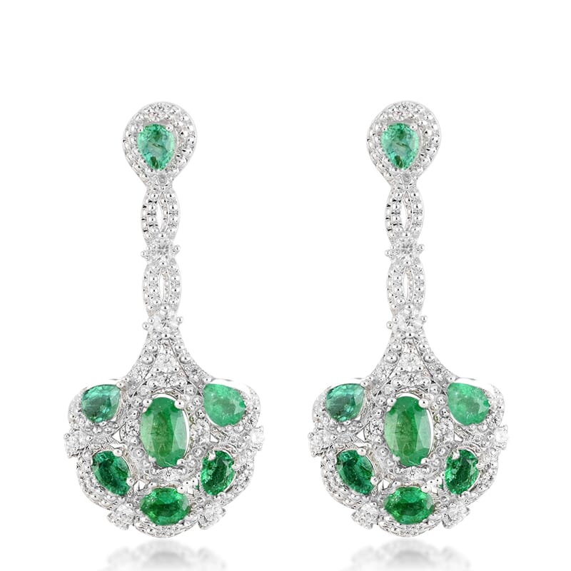 AAA Kagem Emerald and White Zircon Dangle Earrings in Rhodium Over Sterling Silver 3.25 ctw