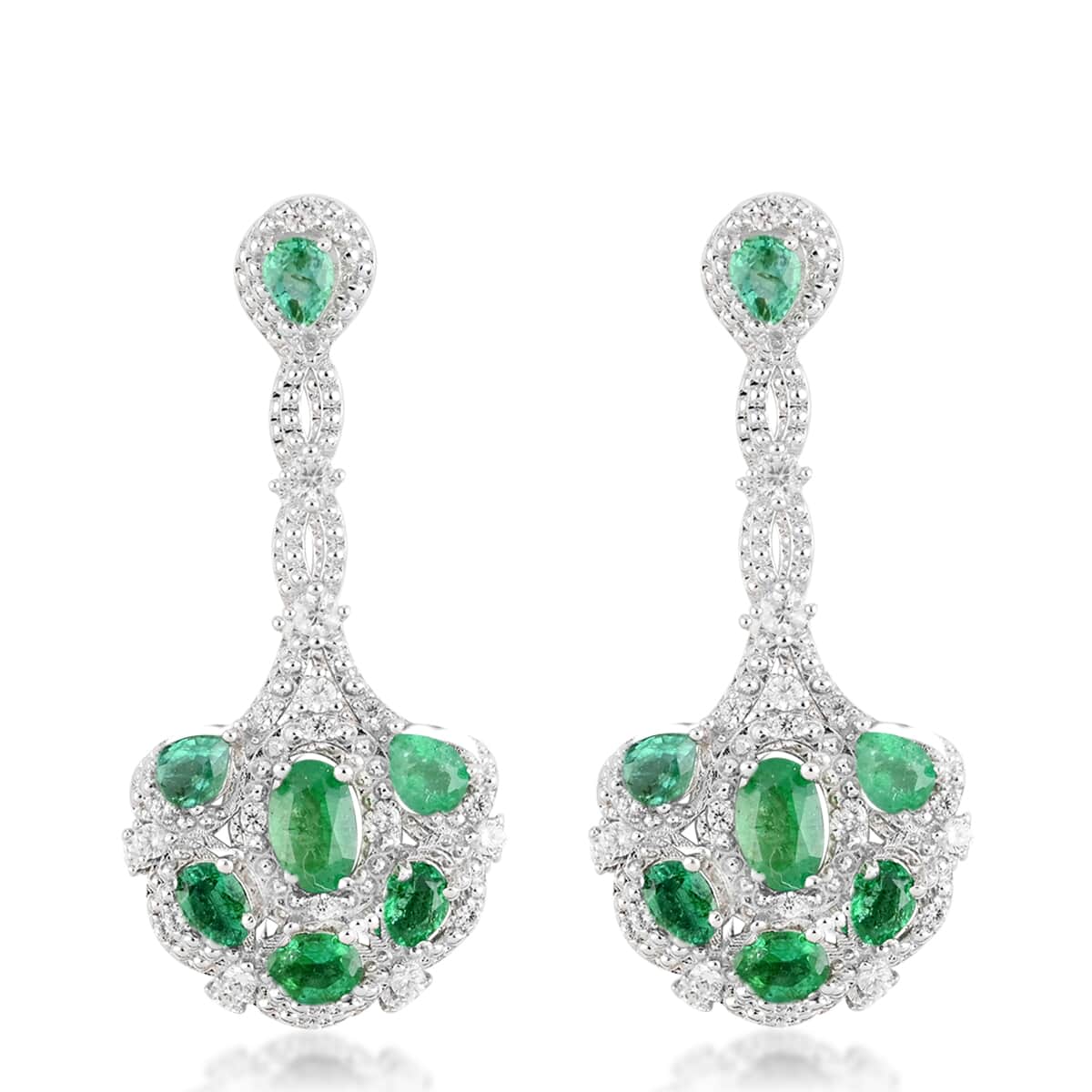 AAA Kagem Emerald and White Zircon Dangle Earrings in Rhodium Over Sterling Silver 3.25 ctw image number 0