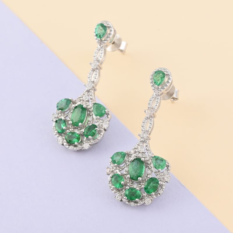 AAA Kagem Emerald and White Zircon Dangle Earrings in Rhodium Over Sterling Silver 3.25 ctw