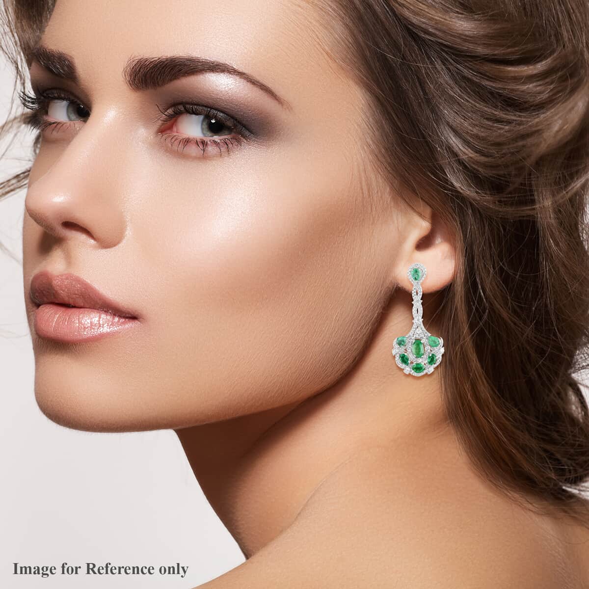 AAA Kagem Emerald and White Zircon Dangle Earrings in Rhodium Over Sterling Silver 3.25 ctw image number 2