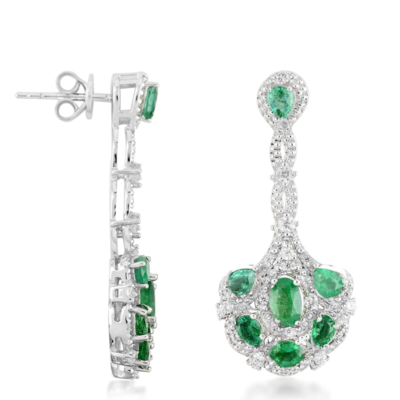 AAA Kagem Emerald and White Zircon Dangle Earrings in Rhodium Over Sterling Silver 3.25 ctw