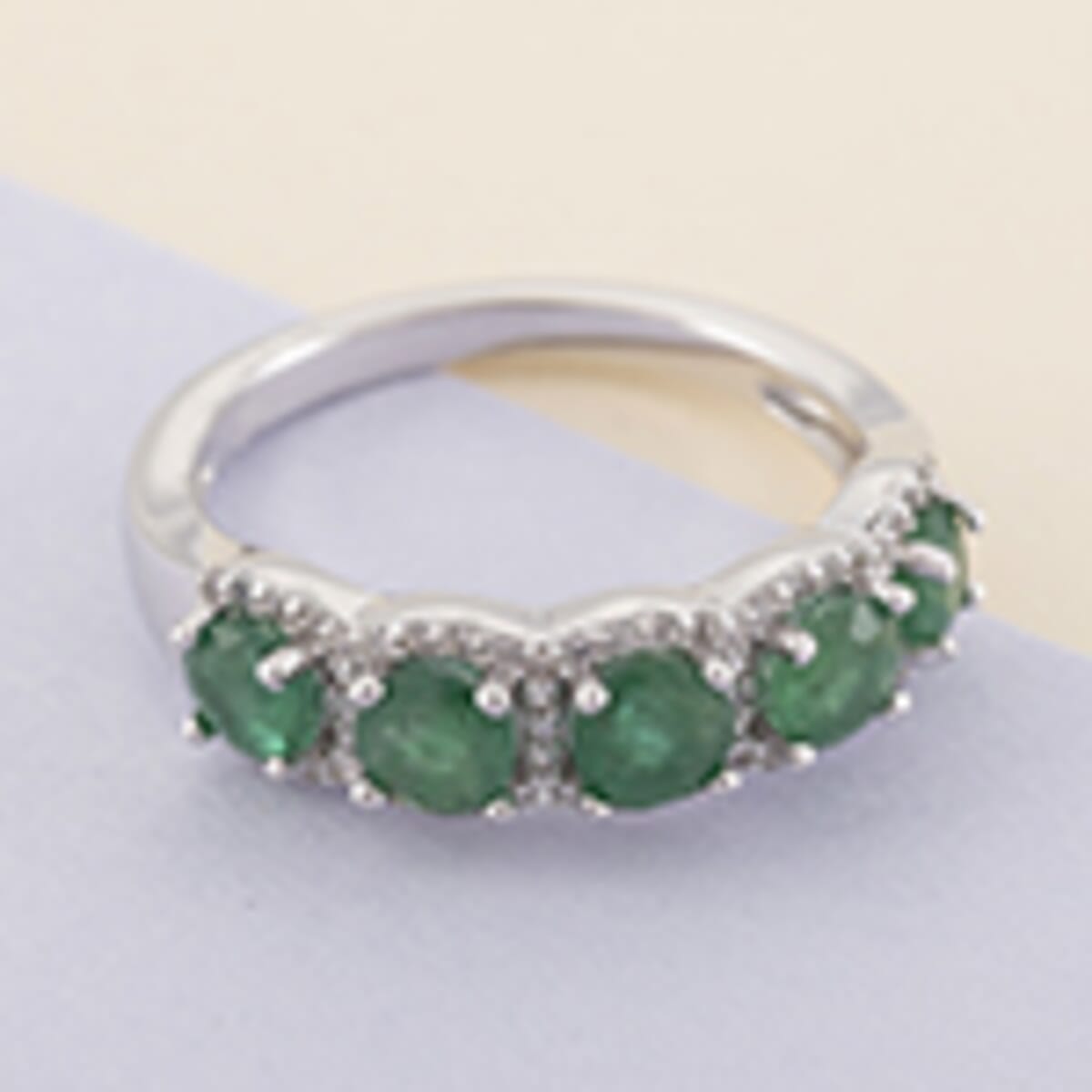 AAA Kagem Zambian Intense Green Emerald, Natural White Zircon Ring in Rhodium Over Sterling Silver (Size 6.0) 1.60 ctw image number 1