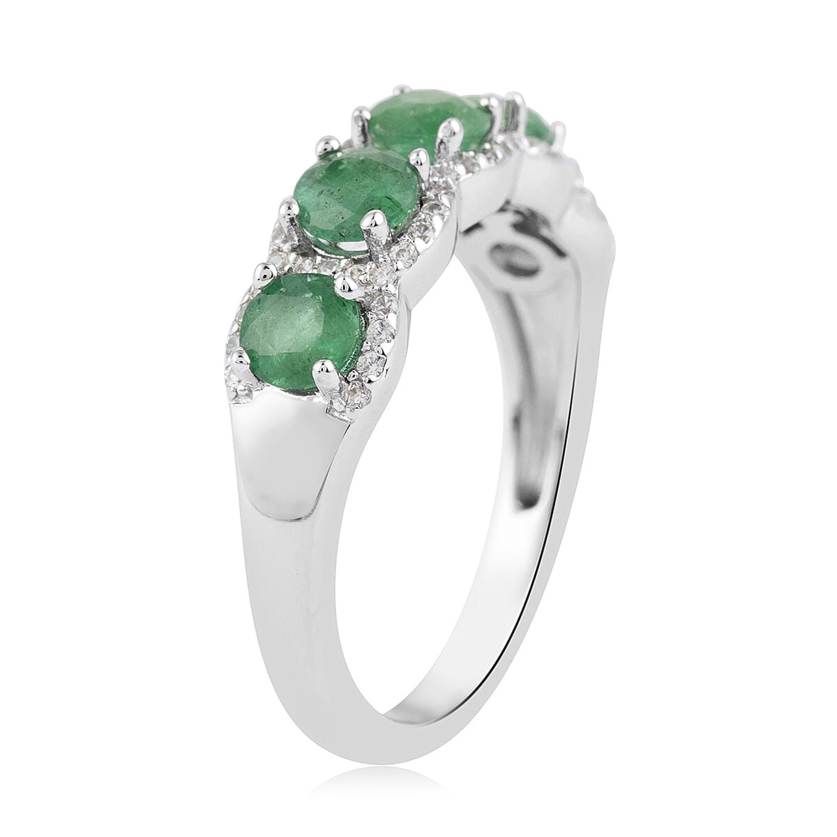AAA Kagem Zambian Intense Green Emerald, Natural White Zircon Ring in Rhodium Over Sterling Silver (Size 6.0) 1.60 ctw image number 3