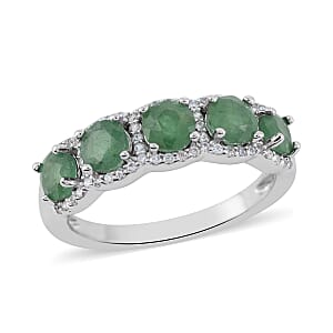 AAA Kagem Emerald and Natural White Zircon Ring in Rhodium Over Sterling Silver (Size 7.0) 1.60 ctw