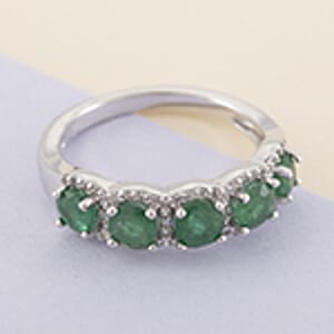 AAA Kagem Emerald and Natural White Zircon Ring in Rhodium Over Sterling Silver (Size 7.0) 1.60 ctw