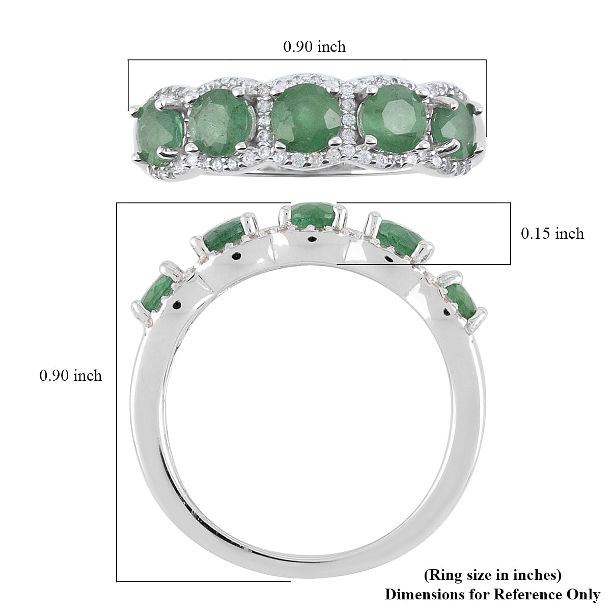 AAA Kagem Emerald and Natural White Zircon Ring in Rhodium Over Sterling Silver (Size 7.0) 1.60 ctw image number 5