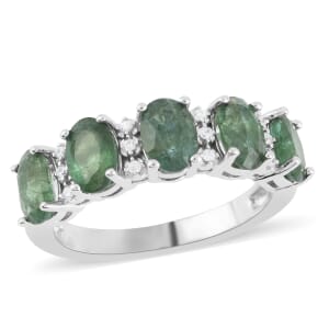 AAA Kagem Emerald and Natural White Zircon Ring in Rhodium Over Sterling Silver (Size 6.0) 2.25 ctw