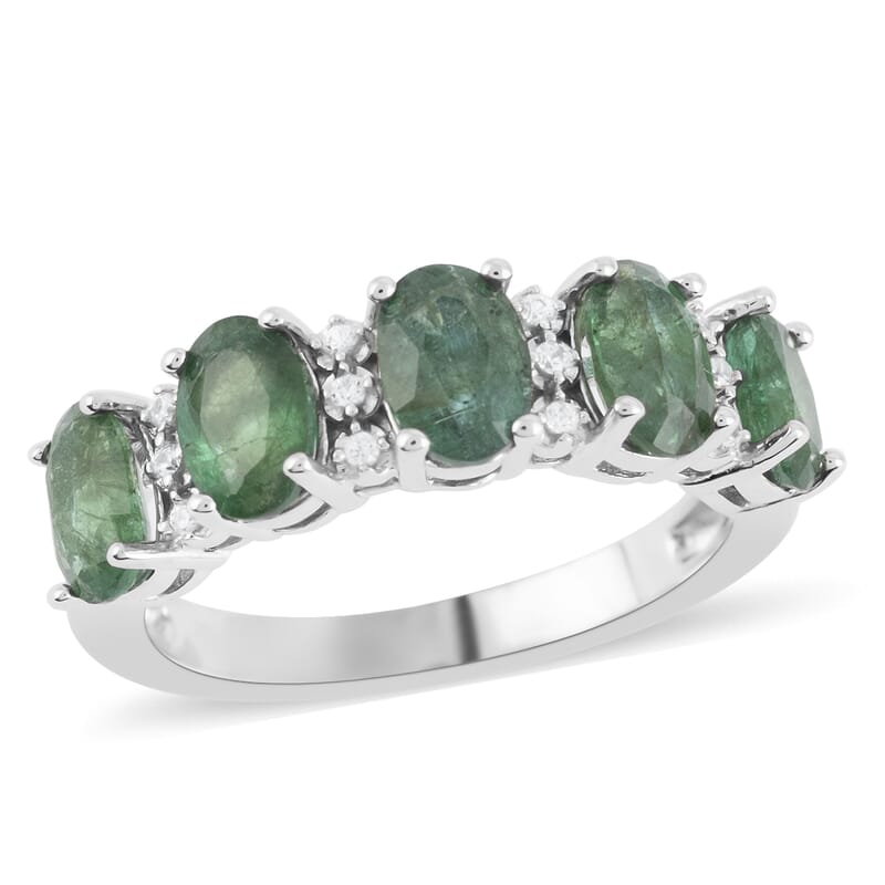 AAA Kagem Emerald and Natural White Zircon Ring in Rhodium Over Sterling Silver (Size 6.0) 2.25 ctw