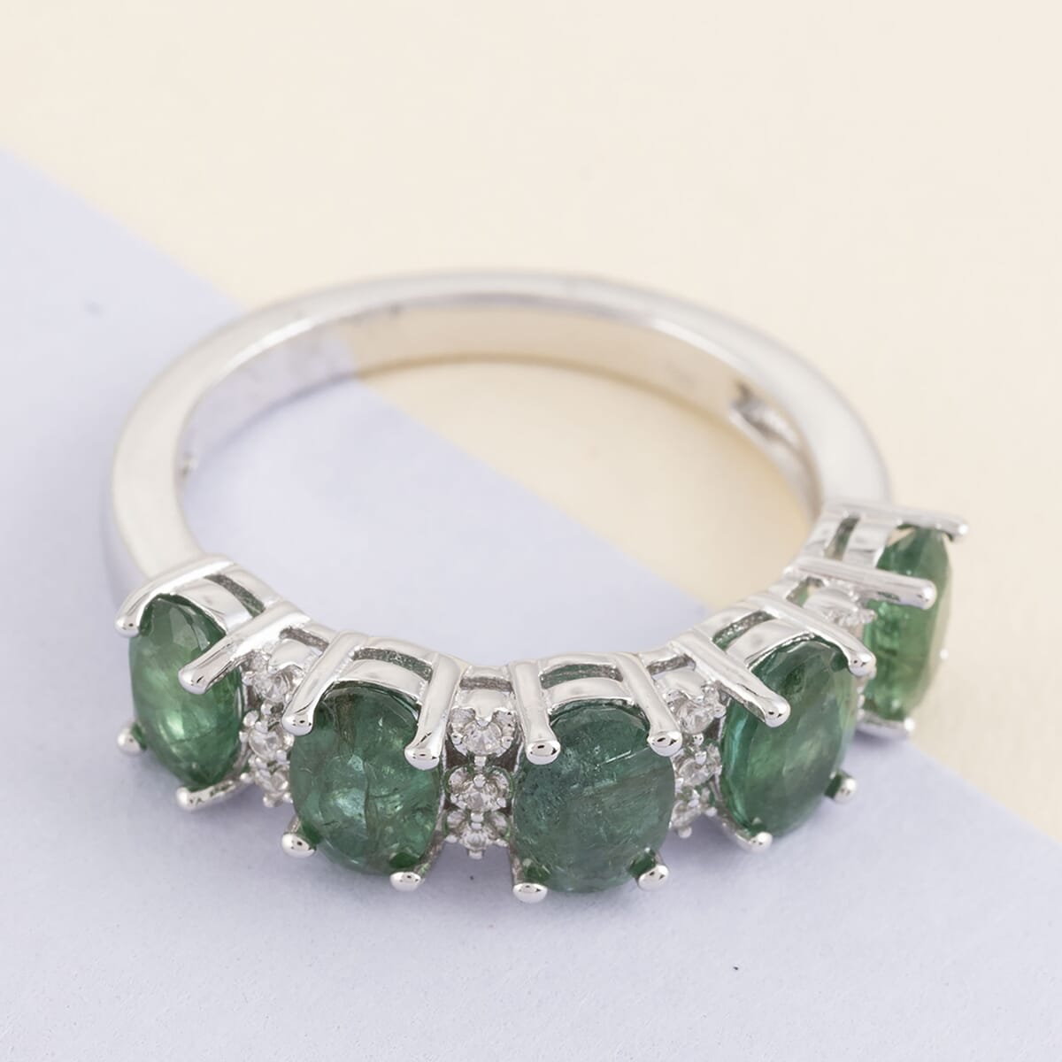 AAA Kagem Emerald and Natural White Zircon Ring in Rhodium Over Sterling Silver (Size 6.0) 2.25 ctw image number 1