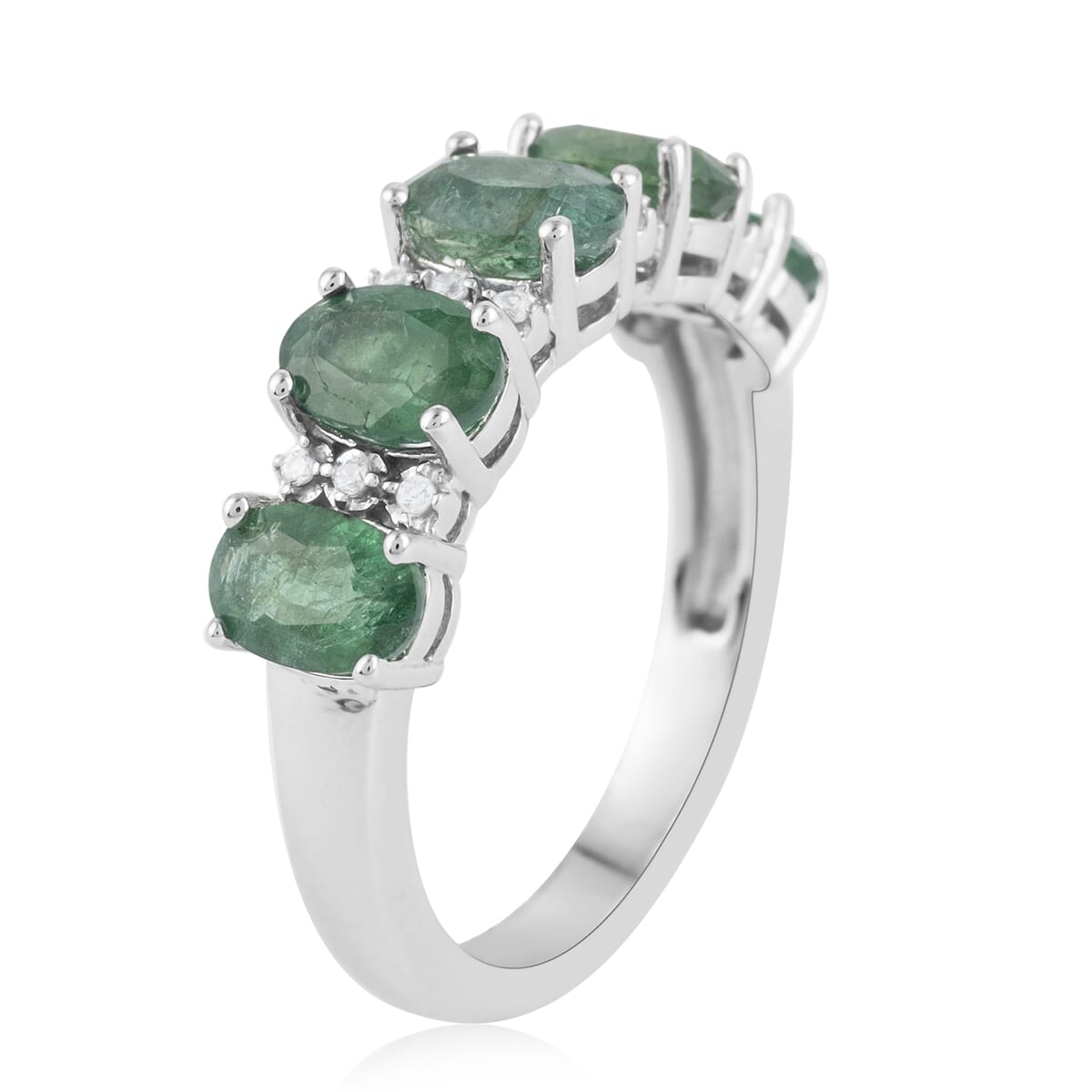 AAA Kagem Emerald and Natural White Zircon Ring in Rhodium Over Sterling Silver (Size 6.0) 2.25 ctw image number 3