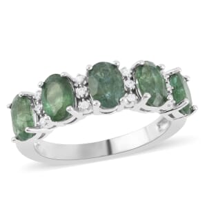 AAA Kagem Emerald and White Zircon Ring in Rhodium Over Sterling Silver (Size 7.0) 2.25 ctw