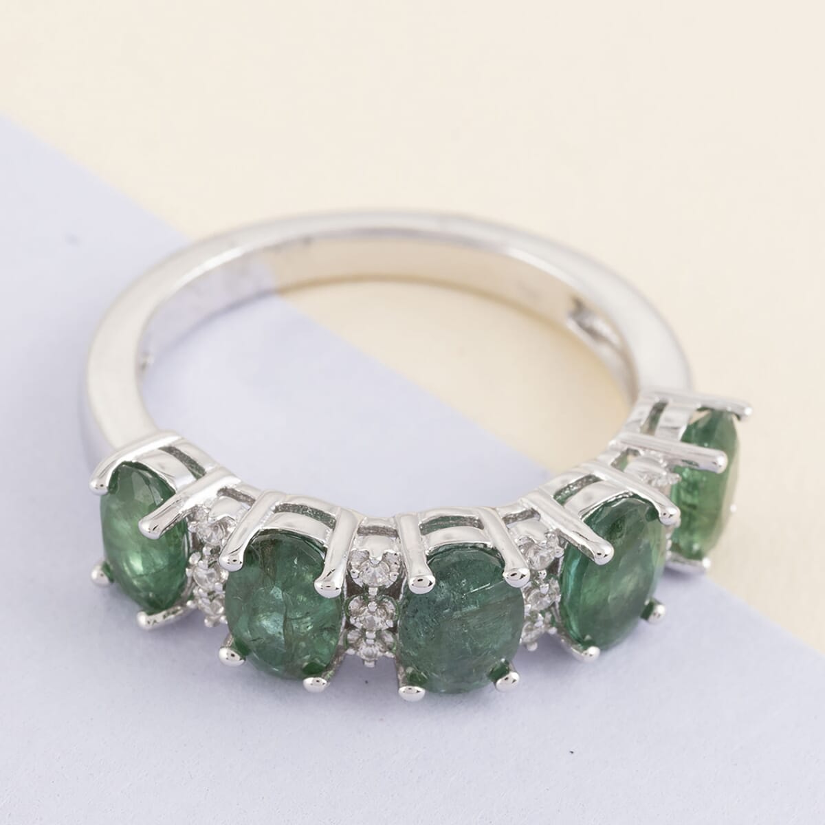 AAA Kagem Emerald and White Zircon Ring in Rhodium Over Sterling Silver (Size 7.0) 2.25 ctw image number 1