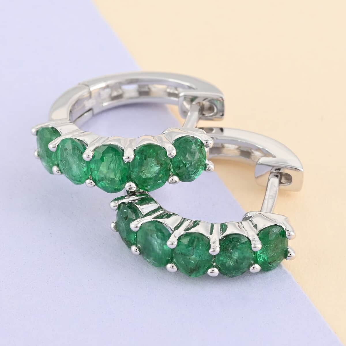 AAA Kagem Emerald Hoop Earrings in Rhodium Over Sterling Silver 1.65 ctw image number 1