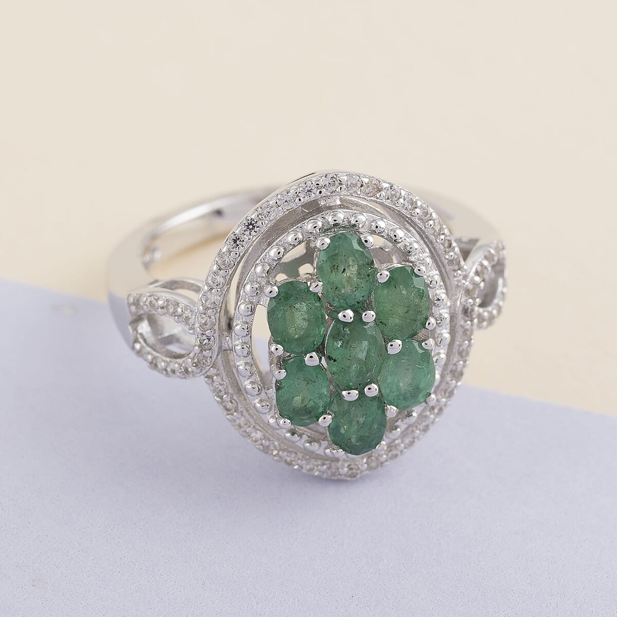 AAA Kagem Zambian Intense Green Emerald, Natural White Zircon Ring in Rhodium Over Sterling Silver (Size 8.0) 1.50 ctw image number 1