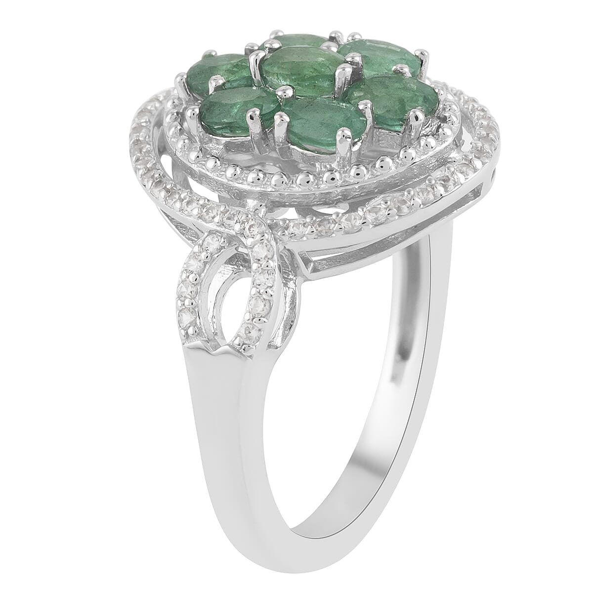 AAA Kagem Zambian Intense Green Emerald, Natural White Zircon Ring in Rhodium Over Sterling Silver (Size 8.0) 1.50 ctw image number 3