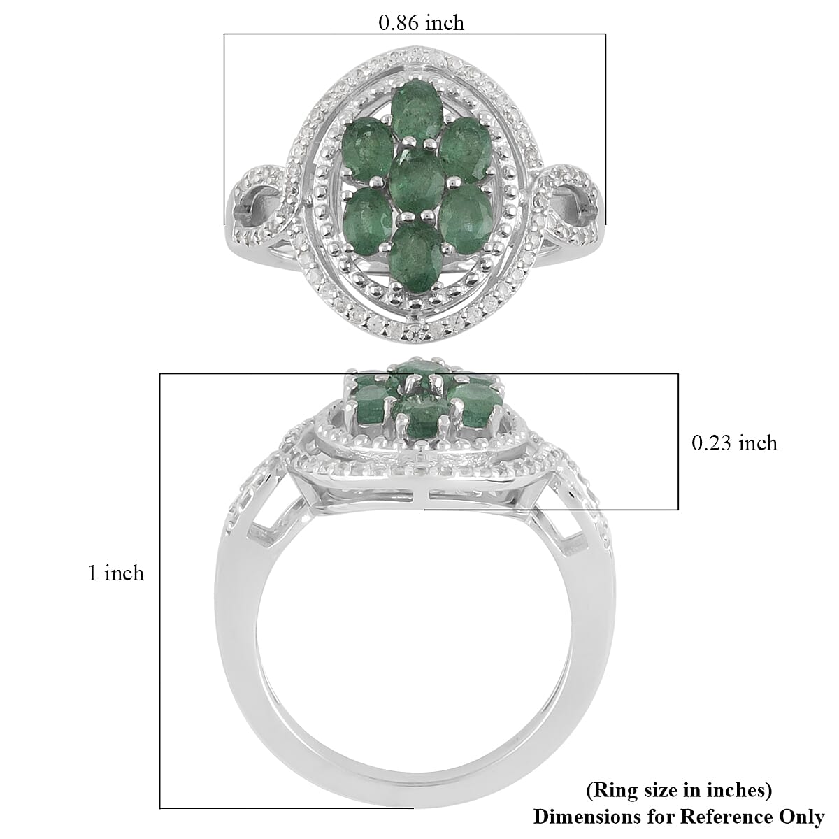 AAA Kagem Zambian Intense Green Emerald, Natural White Zircon Ring in Rhodium Over Sterling Silver (Size 8.0) 1.50 ctw image number 5