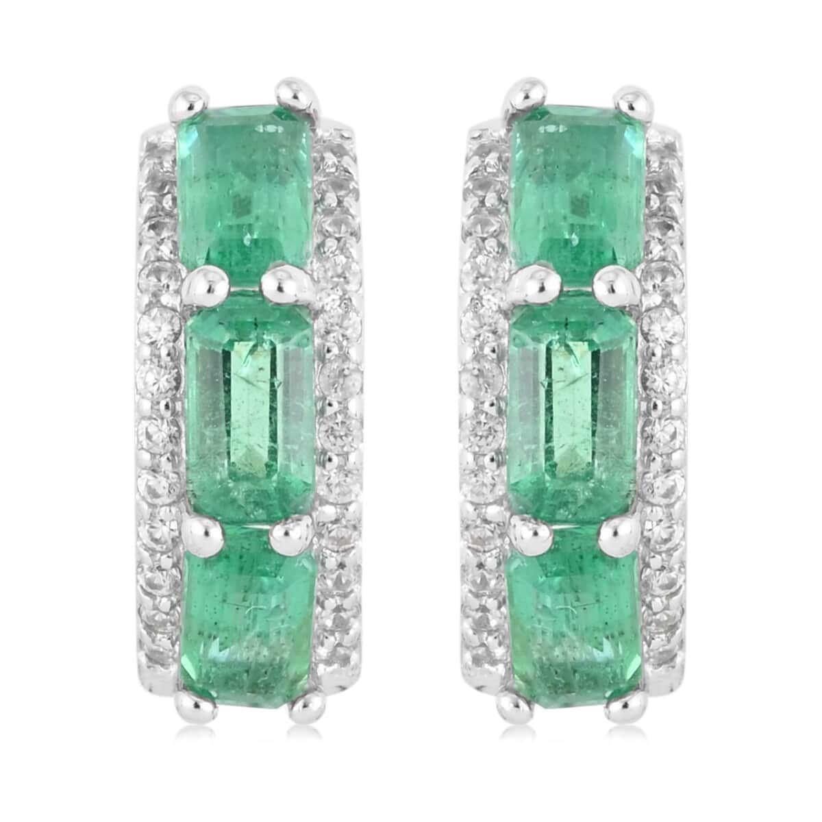 AAA Kagem Emerald and White Zircon Hoop Earrings in Rhodium Over Sterling Silver 1.90 ctw image number 0