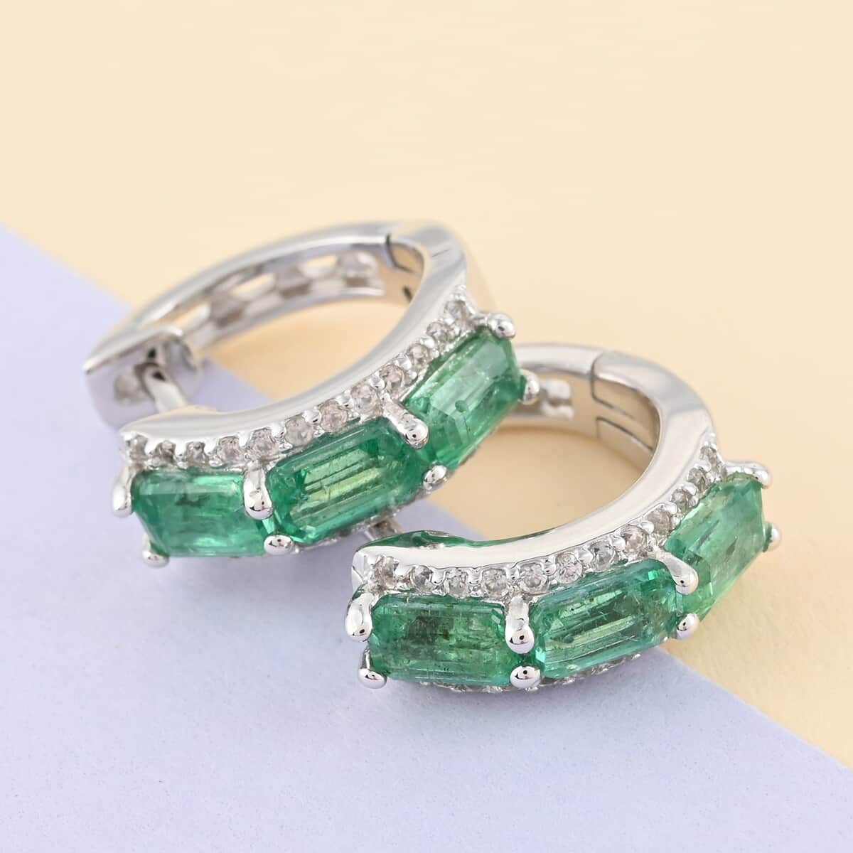 AAA Kagem Emerald and White Zircon Hoop Earrings in Rhodium Over Sterling Silver 1.90 ctw image number 1