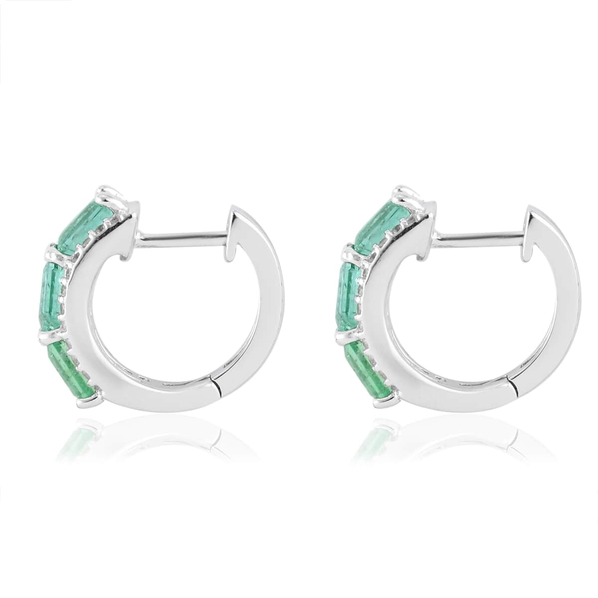 AAA Kagem Emerald and White Zircon Hoop Earrings in Rhodium Over Sterling Silver 1.90 ctw image number 3