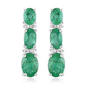 AAA Kagem Emerald and Natural White Zircon Drop Earrings in Rhodium Over Sterling Silver 1.75 ctw