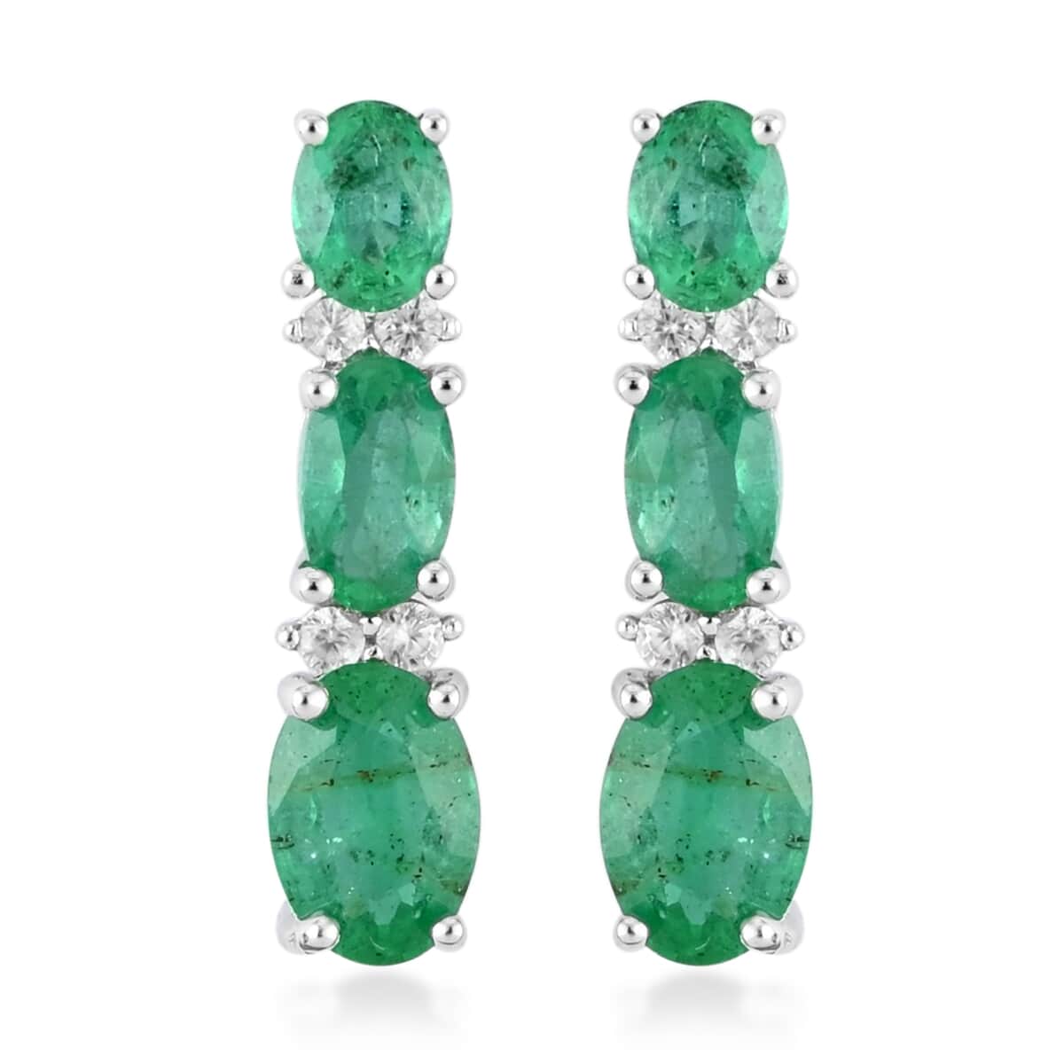 AAA Kagem Emerald and Natural White Zircon Drop Earrings in Rhodium Over Sterling Silver 1.75 ctw image number 0