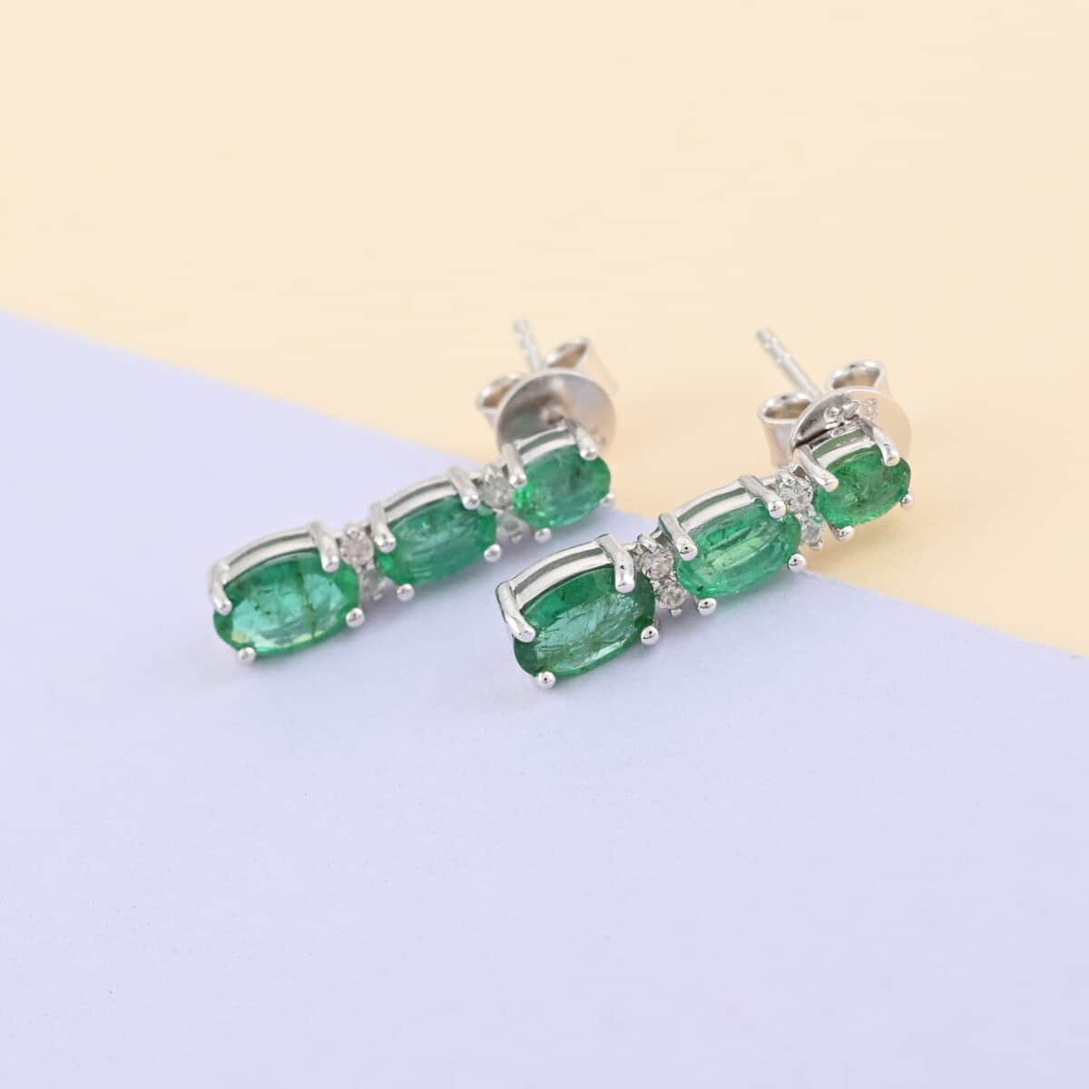 AAA Kagem Emerald and Natural White Zircon Drop Earrings in Rhodium Over Sterling Silver 1.75 ctw image number 1