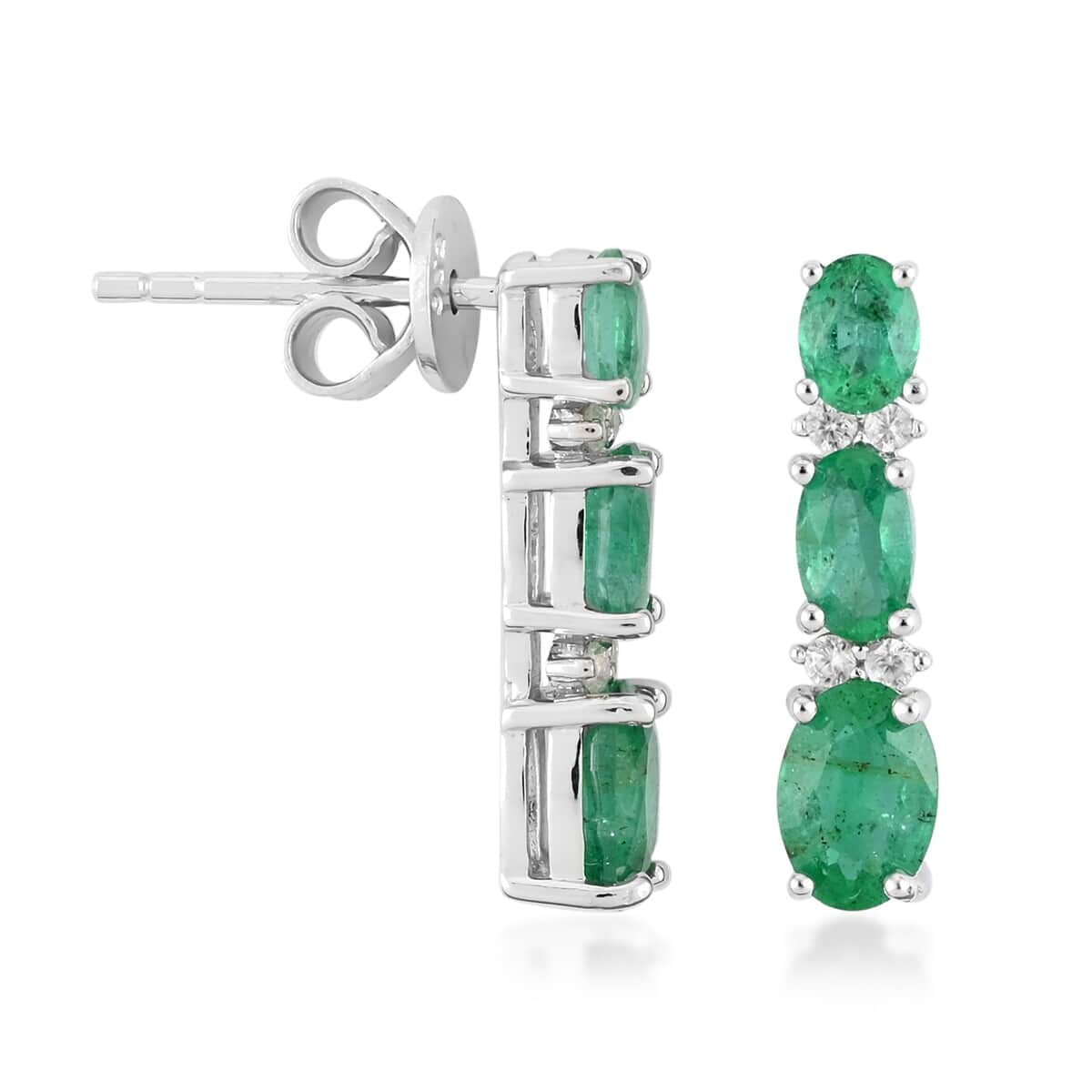 AAA Kagem Emerald and Natural White Zircon Drop Earrings in Rhodium Over Sterling Silver 1.75 ctw image number 3