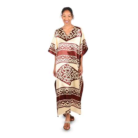 WINLAR Brown Tribal Print V-Neck Long Satin Kaftan - One Size Fits up to 3X image number 0