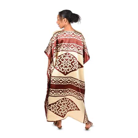 WINLAR Brown Tribal Print V-Neck Long Satin Kaftan - One Size Fits up to 3X image number 1