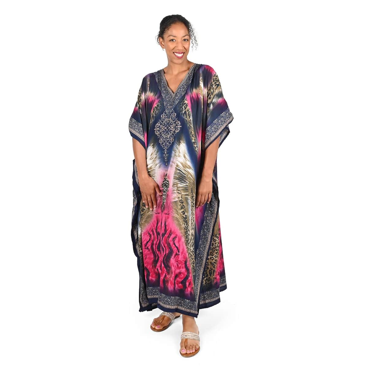 WINLAR Multi Color Animal Print V-Neck Short Kaftan - One Size Fits up to 3X image number 0