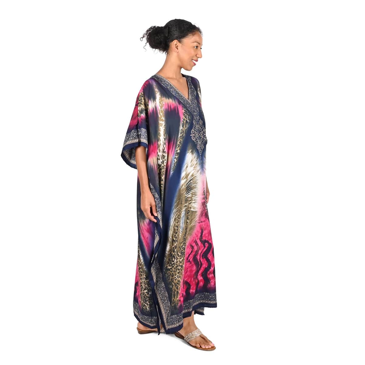 WINLAR Multi Color Animal Print V-Neck Short Kaftan - One Size Fits up to 3X image number 2