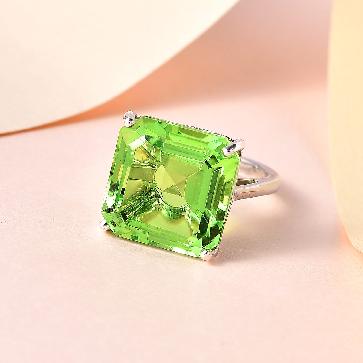 Asscher Cut Chartreuse Quartz (Triplet) Solitaire Ring in Platinum Over Sterling Silver (Size 10.0) 12.85 ctw image number 1