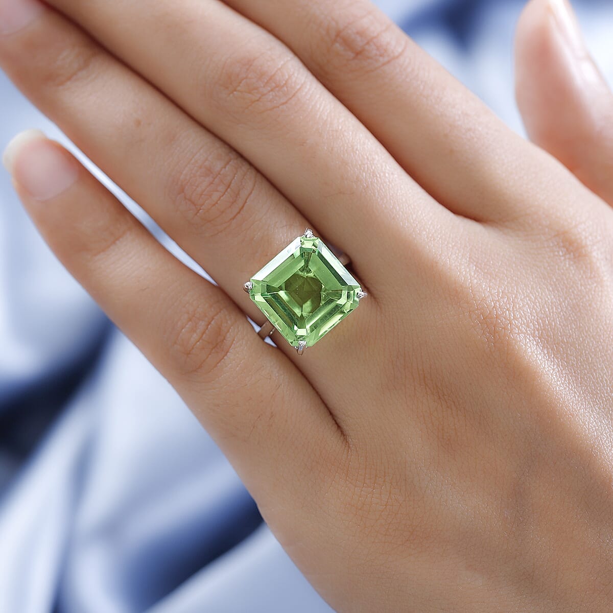 Asscher Cut Chartreuse Quartz (Triplet) Solitaire Ring in Platinum Over Sterling Silver (Size 10.0) 12.85 ctw image number 2