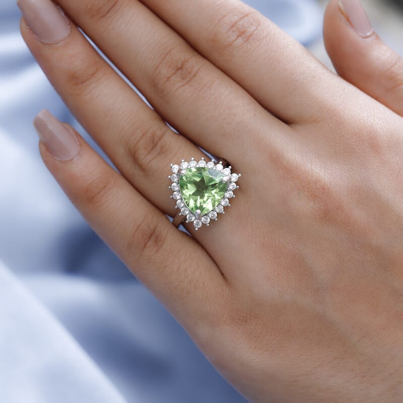 Chartreuse Quartz (Triplet) and White Zircon Halo Ring in Platinum Over Sterling Silver (Size 10.0) 7.15 ctw