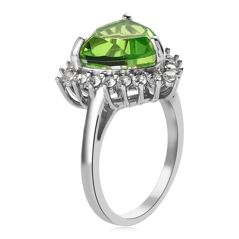 Chartreuse Quartz (Triplet) and White Zircon Halo Ring in Platinum Over Sterling Silver (Size 10.0) 7.15 ctw
