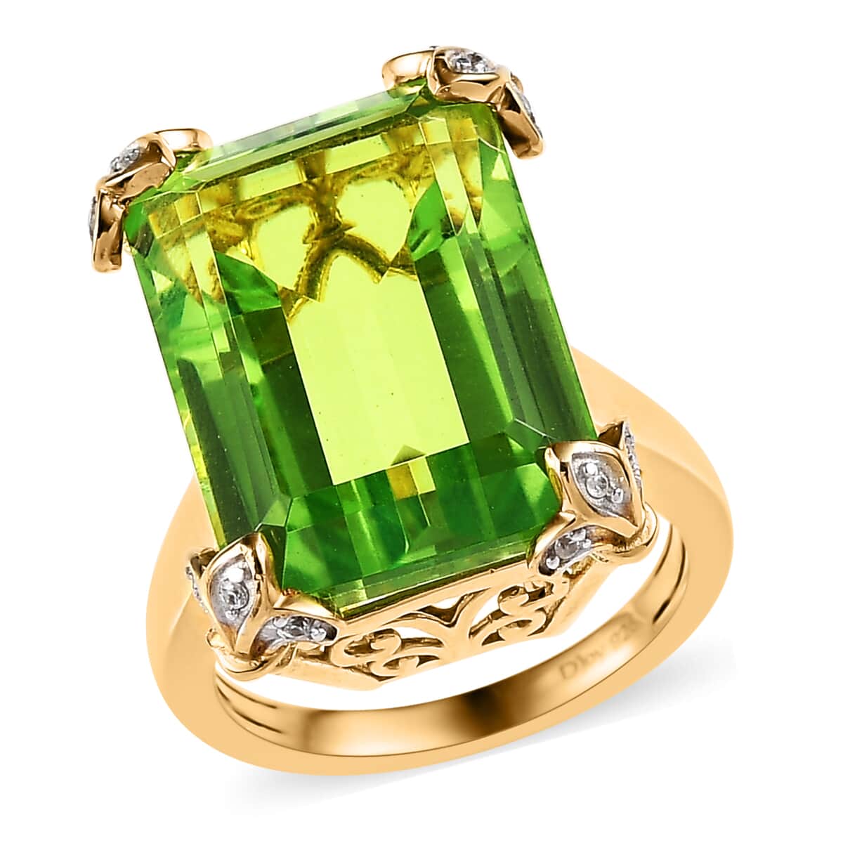 Chartreuse Quartz (Triplet) and White Zircon Ring in Vermeil Yellow Gold Over Sterling Silver 17.00 ctw image number 0