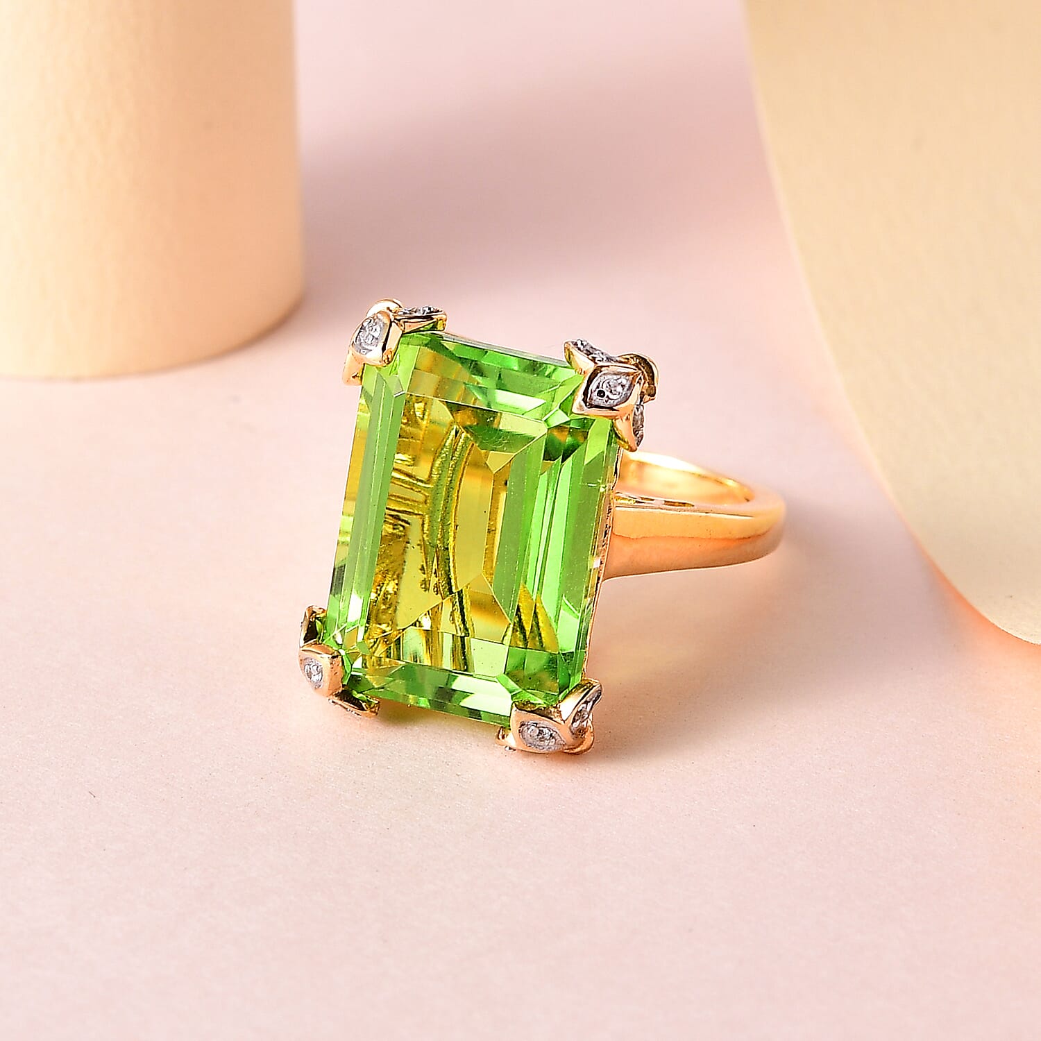 Chartreuse Quartz (Triplet) and White Zircon Ring in Vermeil Yellow Gold Over Sterling Silver (Size 10.0) 17.00 ctw