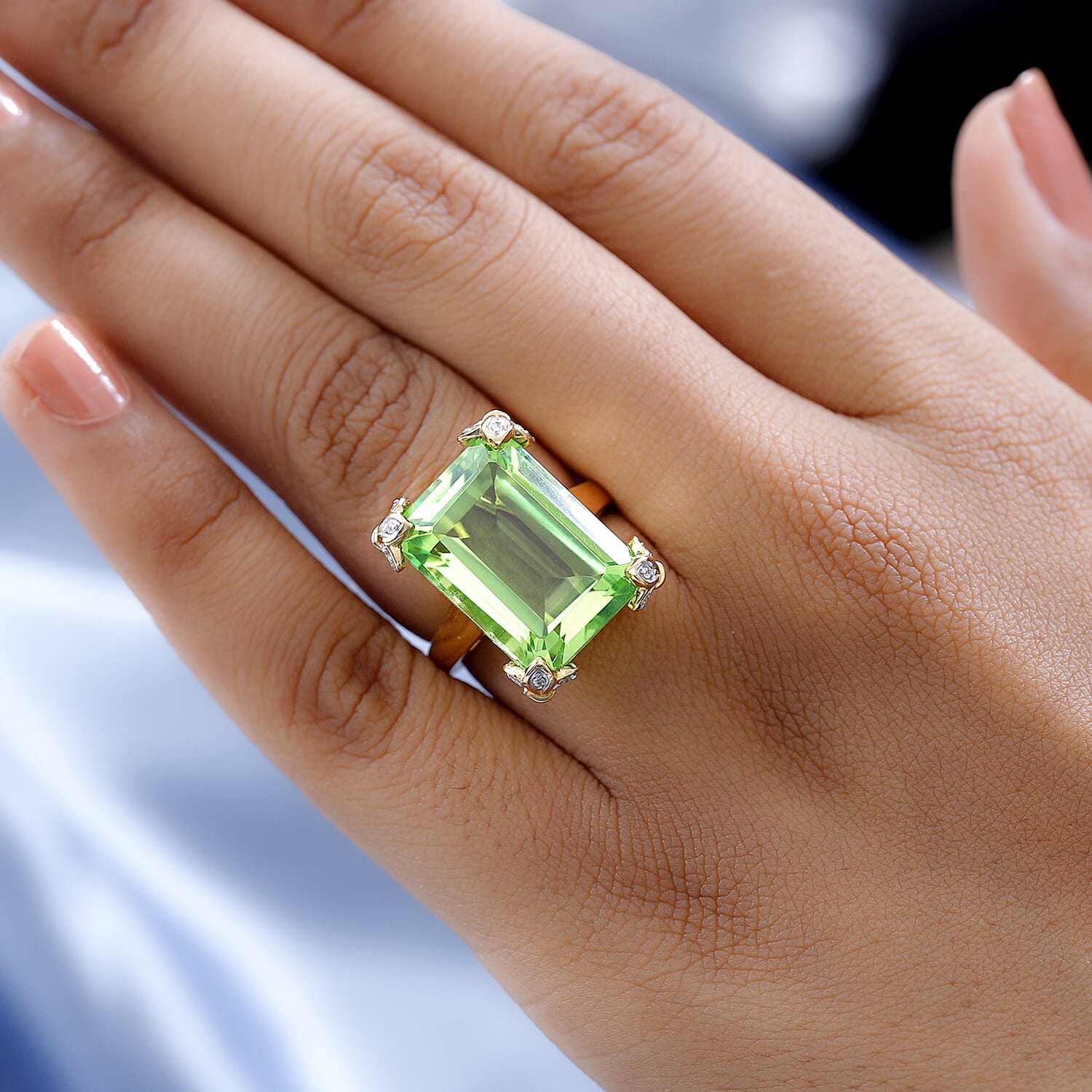 Chartreuse Quartz (Triplet) and White Zircon Ring in Vermeil Yellow Gold Over Sterling Silver (Size 10.0) 17.00 ctw