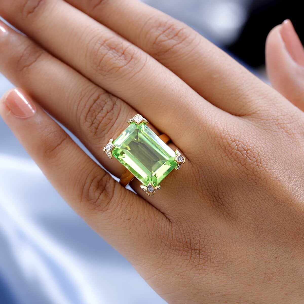 Chartreuse Quartz (Triplet) and White Zircon Ring in Vermeil Yellow Gold Over Sterling Silver 17.00 ctw image number 2