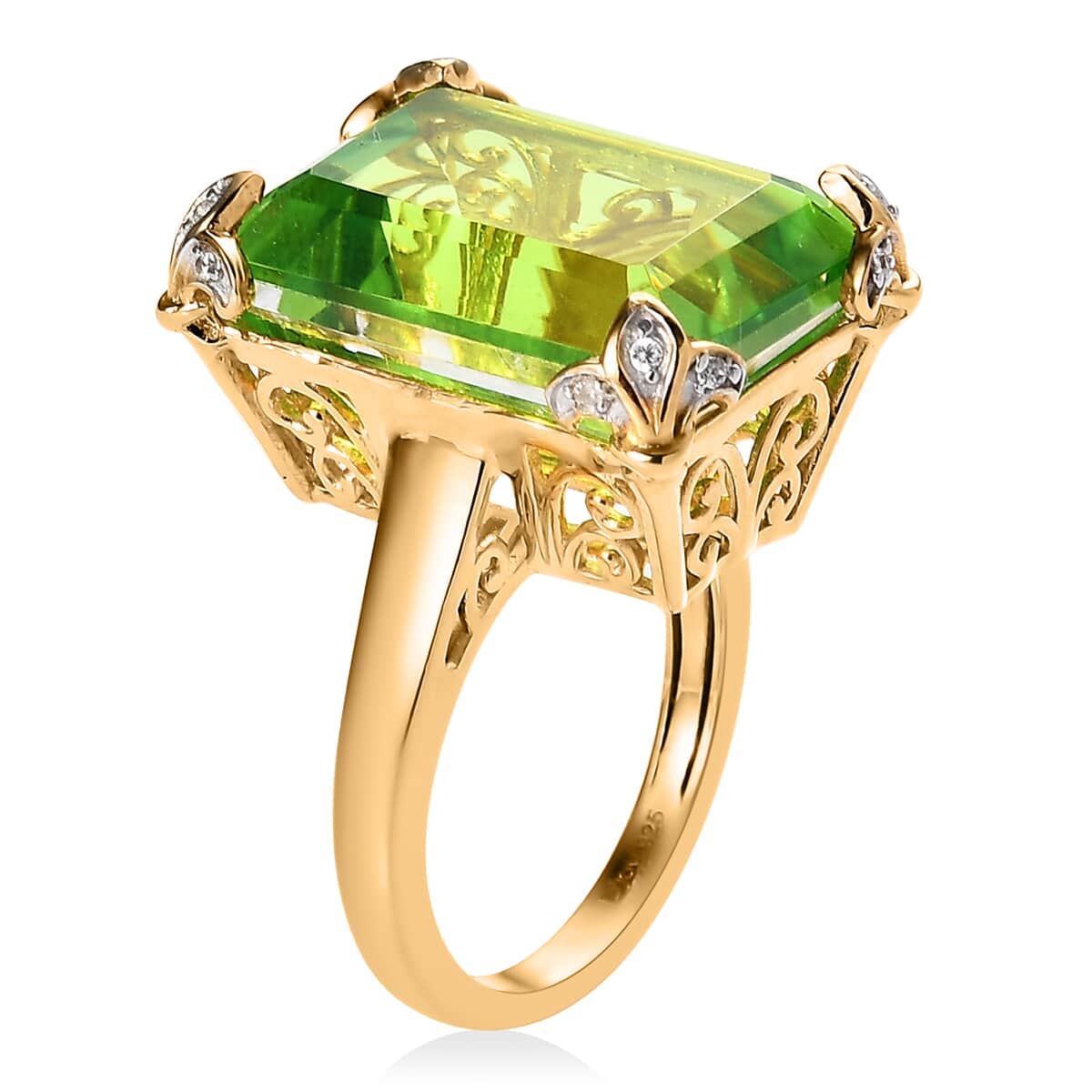 Chartreuse Quartz (Triplet) and White Zircon Ring in Vermeil Yellow Gold Over Sterling Silver 17.00 ctw image number 3