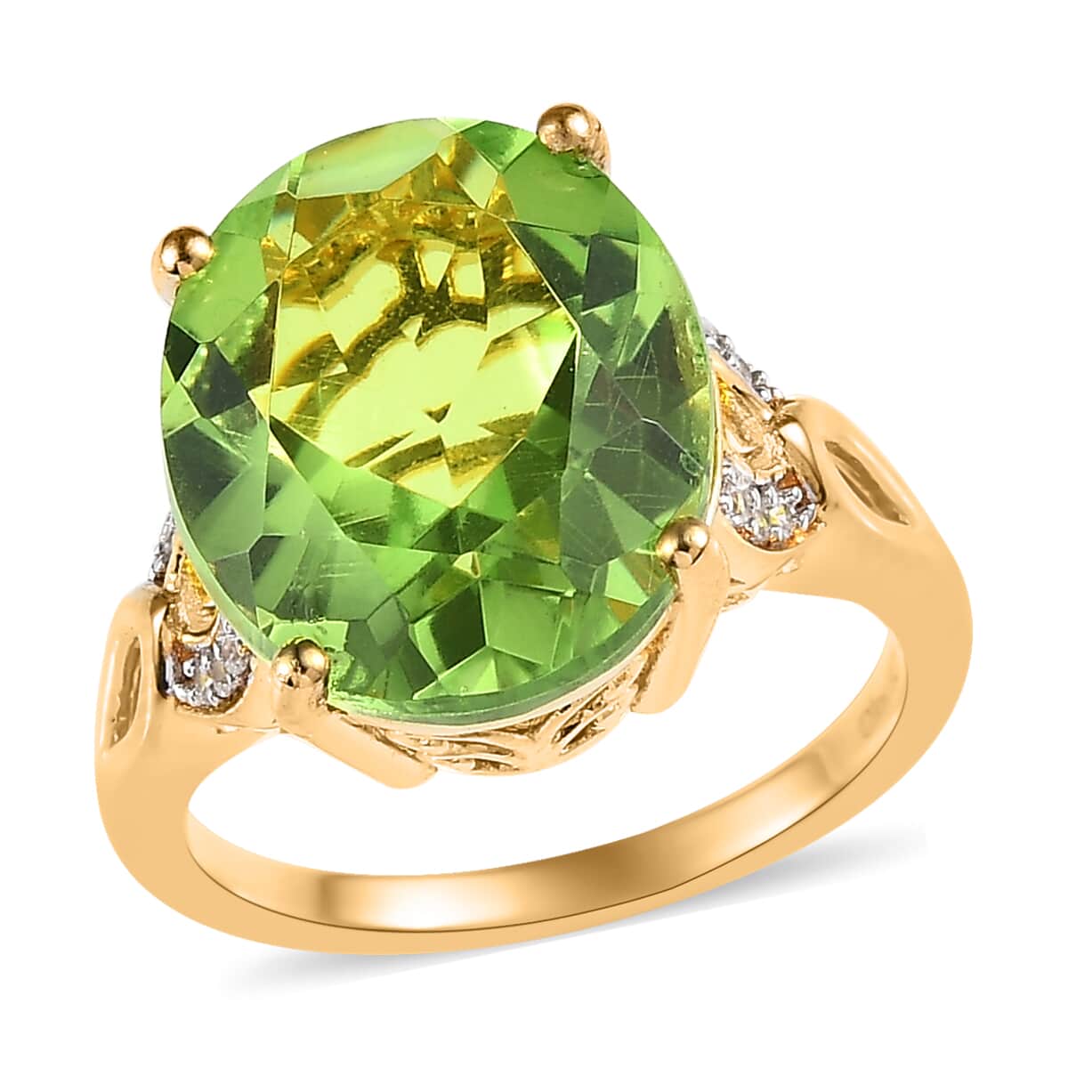 Chartreuse Quartz (Triplet) and White Zircon Ring in Vermeil Yellow Gold Over Sterling Silver 7.85 ctw image number 0