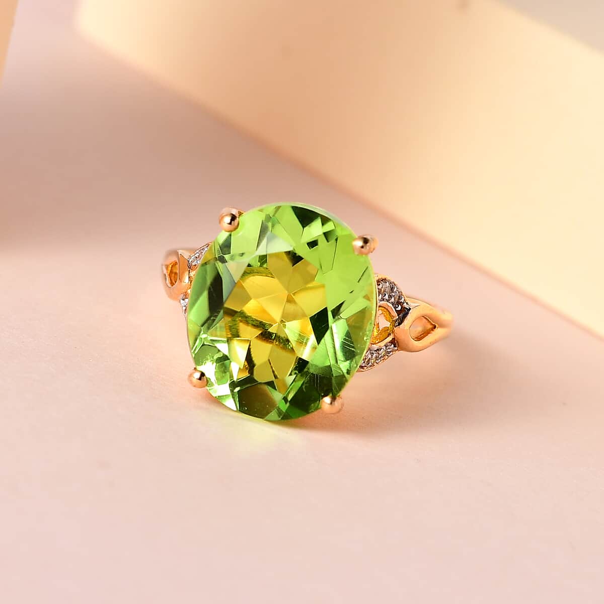 Chartreuse Quartz (Triplet) and White Zircon Ring in Vermeil Yellow Gold Over Sterling Silver 7.85 ctw image number 1