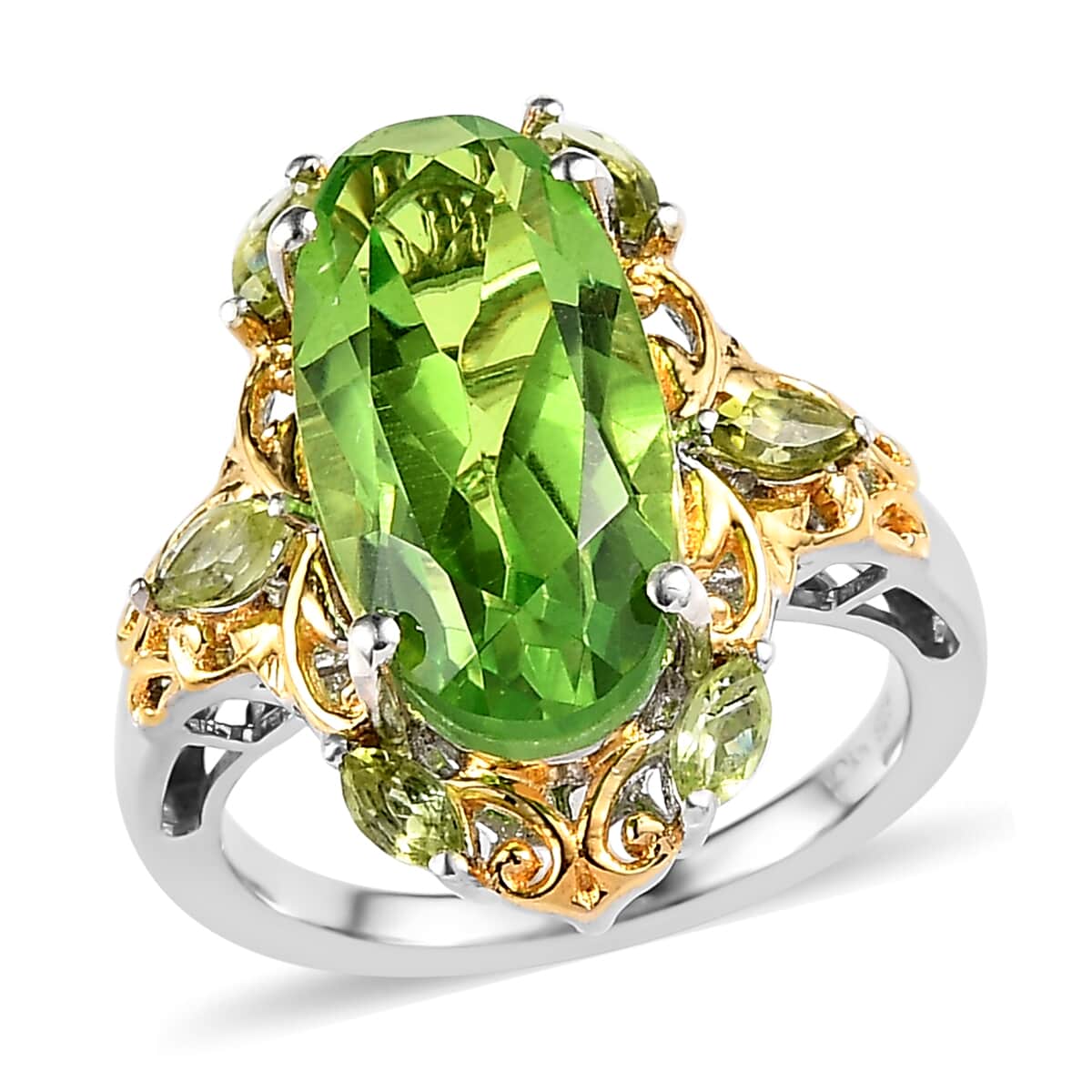 Chartreuse Quartz (Triplet) and Peridot Ring in Vermeil Yellow Gold and Platinum Over Sterling Silver 6.35 ctw image number 0